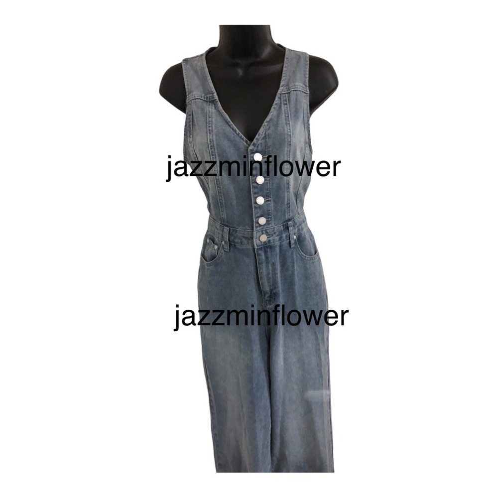 Sincerely Jules blue denim button front sleeveless jeans jumper jumpsuit size M - Picture 9 of 17